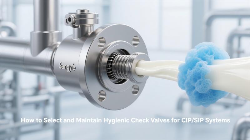 Sangyie Hygienic Check Valve cutaway view for CIP/SIP systems in food and pharma industry, showing internal polished surface